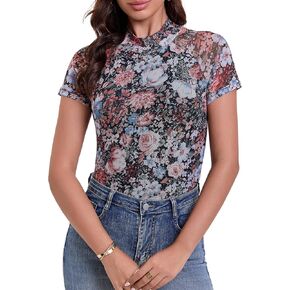 SKYZOO Floral Mesh Short Sleeve Lace Tops Double Line Western Cute Going Out Summer Shirts 2025