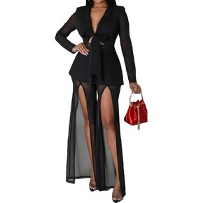 Aro Lora Womens Sexy 2 Piece Outfits See Through V Neck Top and Slits Wide Leg Pant Set Clubwear Tracksuits