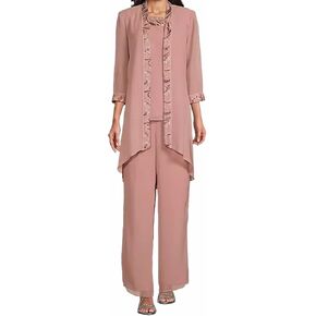 Le Bos Women's Elegant Layered Chiffon Pant Suit with Embellished Trim, Rose Gold, 8