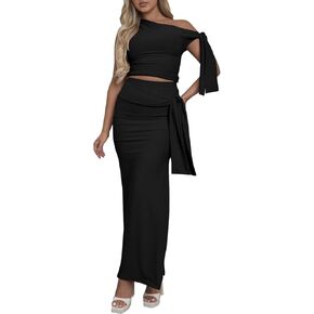 Two Piece Skirt Set for Women - Sexy 2 Pc Outfits Sleeveless One Shoulder Crop Top Maxi Long Bodycon Skirts Sets in Kuwait