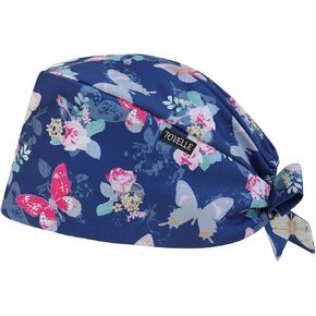 Butterfly Floral Double-Sided Printed Scrub Caps for Women with Buttons, Adjustable Static-Resistant Medical Hats, Elegant and Breathable Surgical Caps with Sweatband for Long Hours