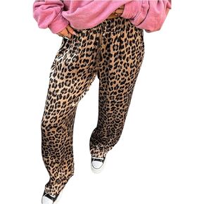 OYOANGLE Women's Leopard Print Straight Leg Pants Elastic Waist Casual Long Trousers with Pockets