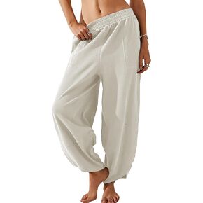 Womens Baggy Pants Wide Leg Cotton Elastic Waist Lounge Pants with Pockets