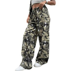 Wdirara Women's Camouflage Star Print Pants Baggy Bants High Rise Wide Leg Breaters مرنة الخصر
