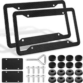 Carbon Fiber License Plate Frames 2 Pack, Car Black License Plate Frame 12.4 * 6.4’’ Universal for Men Rust-Proof Aluminum, with Bolts, Spacers, Bolt Caps, Screwdriver, Rattle Proof Pads by XIOGZAXI