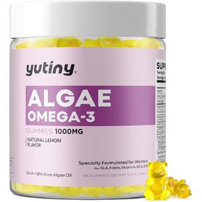 Vegan Omega 3 Gummies for Women, Algae Omega 3 1000mg Supplement with DHA, EPA, GLA, Vitamin A, E, B12, Folate, Brain & Skin Health, Sugar Free, 60 Count