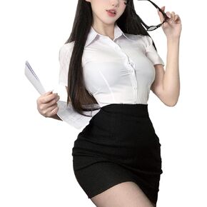 Women's Office Secretary Uniform White Shirt With Mini Skirt Teacher Outfit Cosplay Party Nightclub Wear