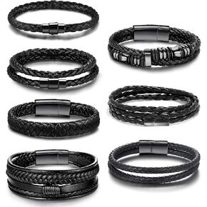 RIOSO Leather Bracelet for Men Black Braided Leather Cuff Wristband Bracelets Men's jewelry