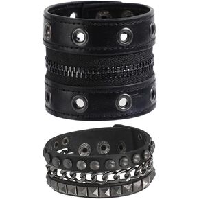 Leather Zipper Bracelet, Punk Charm Cuff Wristbands, Gothic PU Leather Bracelets for Women Men