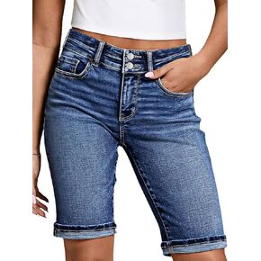 Flamingals Women’s Denim Shorts Mid Rise Bermuda Summer Casual Skinny Stretchy Jean Shorts