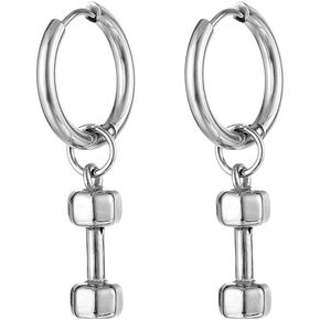 Dumbbell Hoop Earrings For Men Women Silver Stainless Steel Kpop Trendy Punk Goth Barbell Hanging Earrings Huggie Dangle Jewelry For Boyfriend