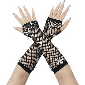 Long Keeper Rhinestone Bow Fishnet Gloves Women Long Fingerless Fish net Gloves Halloween Costume Party Concert Mesh Gloves