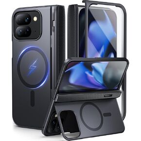 حافظة TONGATE لهاتف Pixel 9 Pro قابلة للطي مع مسند، حافظة هاتف متينة قابلة للطي Google 9Pro مدمجة في واقي الشاشة وحماية المفصلات، حافظة نحيفة بحامل أفقي كبير لهاتف Google Pixel Fold 2 2024، أسود