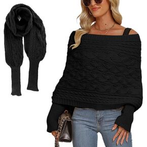 Multifunctional Scarf with Sleeves for Women,Knitted Hollow Out Long Sleeves Shawls,Cross V Collar Knitted Wrap
