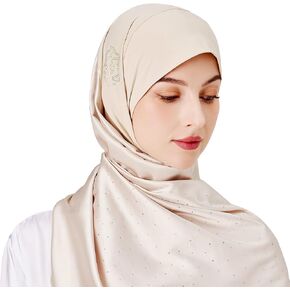 وشاح الحجاب الفوري للنساء - غلاف حريري من الساتان مع غطاء محرك محرك ، وشاح الراين الملون