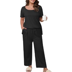 Women’s Plus Size 2 Piece Pajamas Lounge Sets Summer Outfits Short Sleeve Tops Wide Leg Pants with Pockets