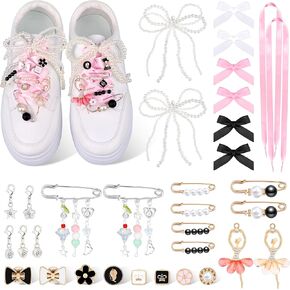 MJOGGOTT 34 Pcs Shoe Charms for Sneakers, Junk Socks Charms, DIY Shoe Lace Charm for Women with Ribbon Lace Shoelaces Contain Bows/Clips/Pins/Jewelry/Pearls Shoe Charm for Clothes, Hats Decoratin