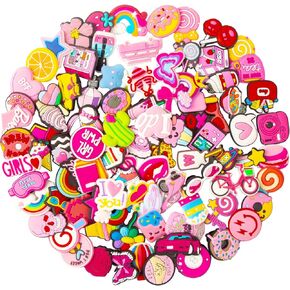 100Pcs Pink Shoe Charms, Cute Kawaii Shoe Charms Bulk, Clog Sandal Shoe Accessories with Button for DIY, Fashion Shoe Decoration for Adults, Kids