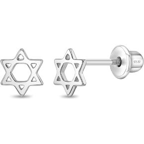 925 Sterling Silver Polished Star of David Safety Screw Back Earrings For Toddlers and Little Girls - Children's Star of David Earrings For Everyday Wear