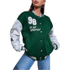 Verdusa Women's Women’s Bomber Stack Stupy Button Colorblock Up Varsity Jacket Outwear