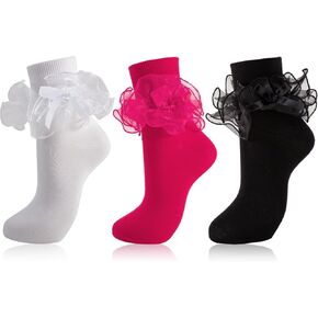 نساء جوارب الكاحل الكشكش الكبيرة جوارب دانتيل دانتيل فستان مزدوج مع القوس طاقم لطيف بدوره 80s خيالي بوبي جورب جورب in Kuwait