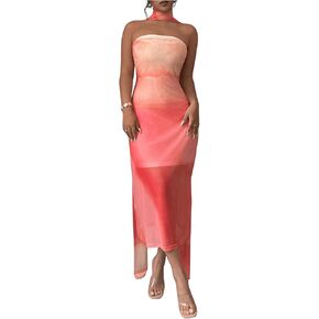 SweatyRocks Women's Ombre Sheer Mesh Tube Dress Strapless Sleeveless Midi Dresses with Neck Scarf