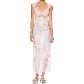 Women Sleeveless Maxi Dress Backless Bodycon Floral Printed Spaghetti Strap Long Dress Summer Lace Cutout Dress