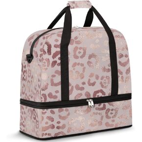 Leopard Print Cheetah Rose Gold Travel Duffle, Sports Gym Bag With Shoes Compartment, Weekender Overnight for Women Men