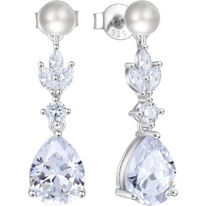 Women Earrings 925 Sterling Silver Leaf Teardrop Pearl Dangle & Drop Earrings with 5A Cubic Zirconia for Mom Mother Grandma Wife Jewerly Gifts