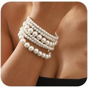 Pearls Bracelet Pearls Beaded Stretch Strand Bracelets Elegant Pearls Bracelet for Wedding Women Baroque White Pearls Bracelets Acceossries for Brides Bridesmide(6pcs)