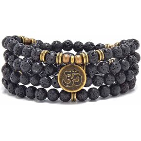 108 Mala Beads Bracelet with om Charm – Healing Stone Meditation Bracelet for Yoga & Prayer, 6mm Beads, Handmade, Gold-Plated OM Charm