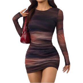 Soly Hux Tie Tie Dye Bodycon Mini Dress Ruched Mesh Crew Neck Cocktail Party Dresses