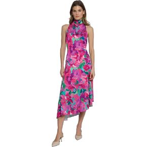 Maggy London High Neck Halter Asymmetrical Fit and Flare Midi Wedding Guest Dresses for Women