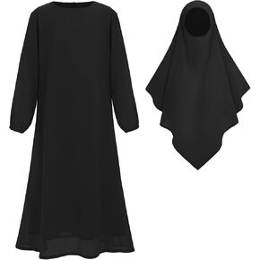 فستان مسلم Ikadex للفتيات الإسلامي الصلاة Abaya طويلة الأكمام الصلبة شيفون كوستان رداء مع الحجاب والجيب