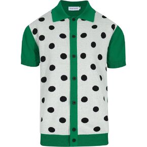 OXKNIT Knit Polo Shirts for Men, Green Dot Pattern Vintage Polo Shirt Casual Button-Down Short Sleeve Golf T Shirts