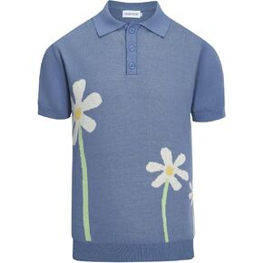 OXKNIT Mens Casual 60s Retro Blue Polo Shirt Knitted Short Sleeve Vintage Golf Polo with White Flower