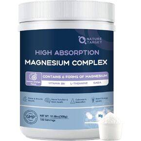 NATURE TARGET Magnesium Powder Supplement with Glycinate, Citrate, Malate, Magnesium Complex with L-Theanine & Vitamin B6 for Muscle, Heart & Brain, Vegan, 10.58 oz (100 Servings), Lemon Orange Flavor