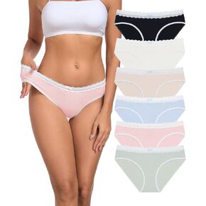 ANLIQI Women Underwear Cotton Lace Trim Bikini Panties Breathable Hipster Panties for Women Stretch Briefs Ladies Panties