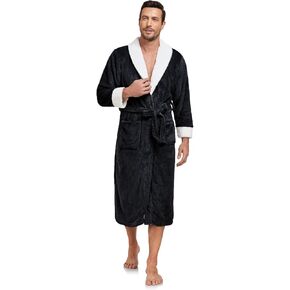 RONGTAI Luxurious Mens Shawl Collar Plush Fleece Bathrobe Cozy Warm Bathrobe Long Robe With Pockets
