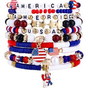 10pcs American Flag Bracelets, Stackable Red White and Blue USA Patriotic Beaded Heishi Surfer Bracelet Elastic 4th of July Outfits Accessories Jewelry Gift for Women Men