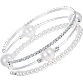 Pearl Bracelets for Women Silver Silver Stretch Bracelets for Women Stackable，Three Layer Bracelet with Pearls and Rhinestones Exquisite Jewelry Decoration