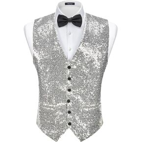 MAGE MALE Mens Sequins Suit Vest Formal V-neck Shiny Waistcoat Prom Party Tuxedo Vests in Kuwait
