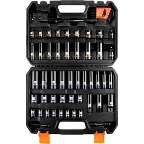 LLNDEI 3/8 inch Drive 12 Point Socket Set 71 Piece,SAE(5/16-3/4in) and Metric(8-22mm),Deep & Shallow,CR-V.With Drill Socket Adapter & Extension Bar 3/8 in,Hex Key Set 12Pt Can Also be Used on 6pt
