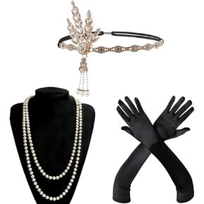 1920s Accessories for Women Roaring 20s Flapper Feather Headband Headpieces Pearl Necklace Black Gloves Great Gatsby Accessory Set