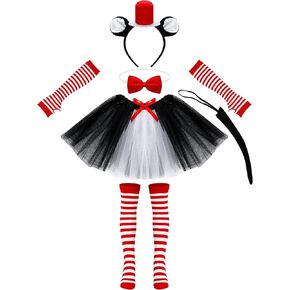 Cat Costume Set, 8PCS Cat Hat Cosplay Outfit with Cat Ear Top Hat Headband Tutu Skirt Bowtie Cat Tail Socks Gloves