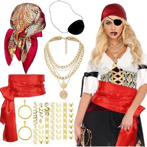 Pirate Costume Accessories Set for Men Women, Womens Pirate Accessories with Bandana Head Scarf Eye Patch Sash Belt Necklace Hair Accessory Earring for Cosplay Party Supplies