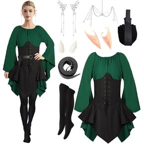 Women Elf Renaissance Medieval Dress Traditional Vintage Fairy Viking Costume Elf Ear Pouch Belt for Holiday Cosplay