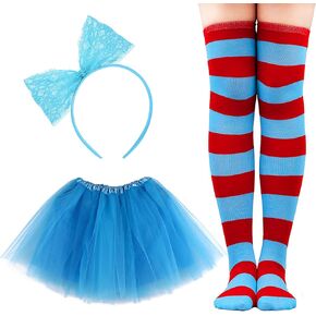 Tutu Costume Set for Women Adult Include 3 Layered Tulle Tutu Skirt Striped Knee Socks Bow Headband