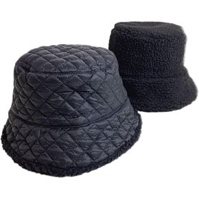 Ladies Reversible Quilted Sherpa Bucket Hat (Black)