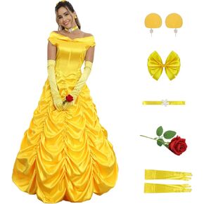 Poboola Belle Costume Women Adult Princess Costumes Halloween Cosplay Party Yellow Dress Long Dress Gown Beauty Outfit